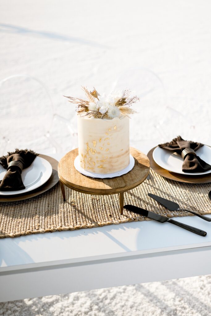 Utah elopement photographer captures table decor with wedding cake