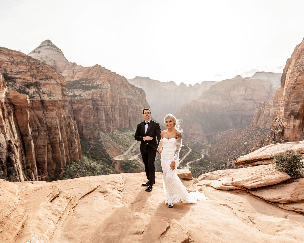 Utah elopement photographer captures bride and groom standing together during Zion National Park bridal portraits