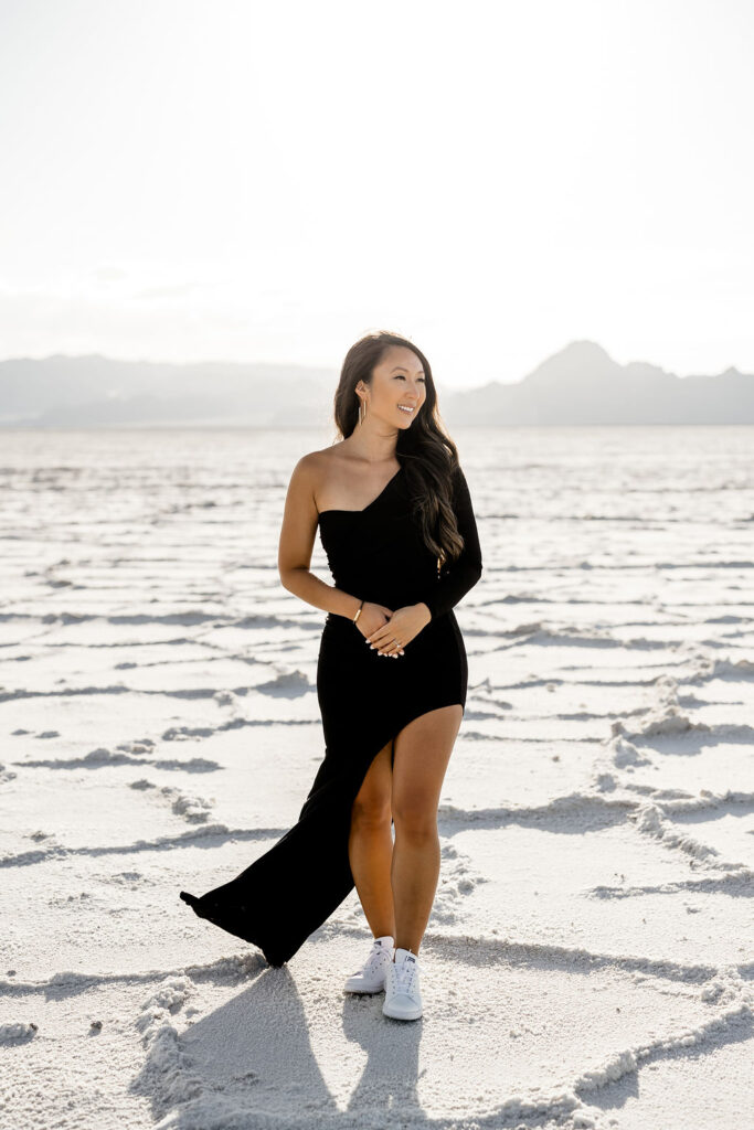 Utah elopement photographer captures woman wearing black dress