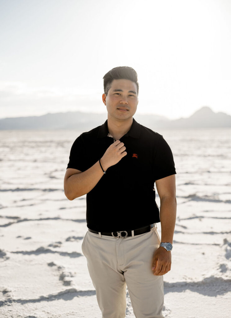 Utah elopement photographer captures man wearing black polo shirt 