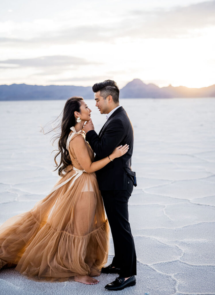 Utah elopement photographer captures couple embracing during outdoor engagement session