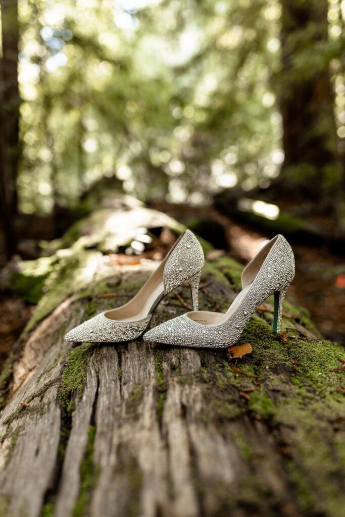 Big Sur elopement photographer captures bridal shoes sitting on log before Big Sur elopement