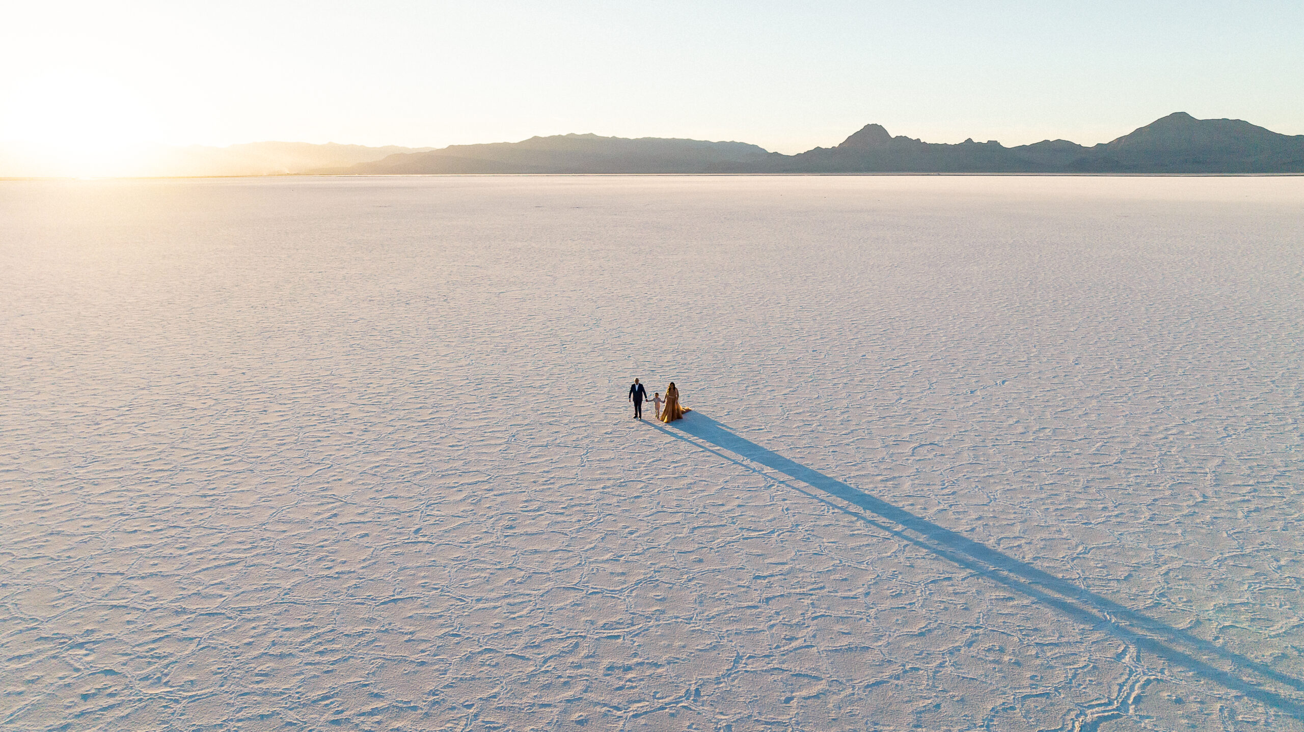 Drone Family portrait with the vast Utah Salt Flats stretching into the horizon