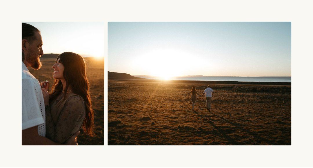 ouple walking hand in hand towards the setting sun on Antelope Island, showcasing vast fields and a beautiful horizon