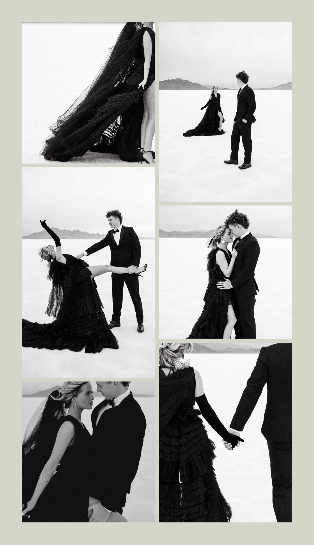 Couple in Black tux and black gown at the Bonneville Salt Flats in Utah
