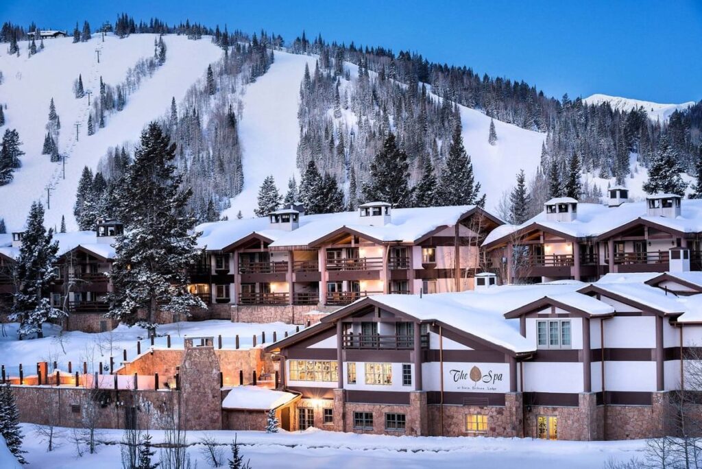 Stein Eriksen Lodge luxury mountain resort with Norwegian-inspired architecture in Deer Valley Utah.