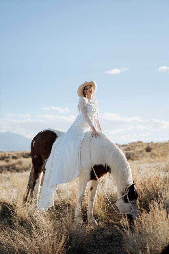 Bride riding horse in Utah